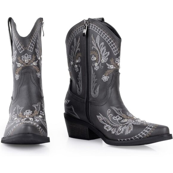 Women's Black Embroidered Side Zipper Comfortable Chunky Heel Western Boot - Picture 5 of 6